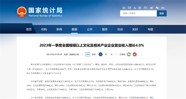 国家统计局：2023年一季度全国规模以上文化及相关产业企业营业收入增长4.0%