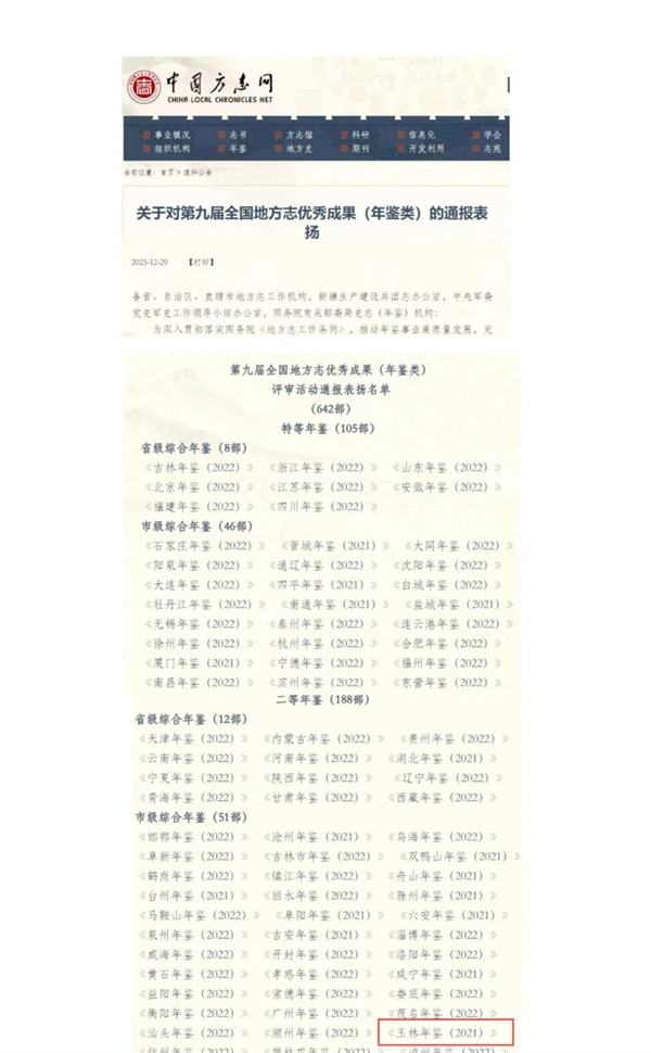 《玉林年鉴（2021）》被评为第九届全国地方志优秀成果（年鉴类）二等年鉴