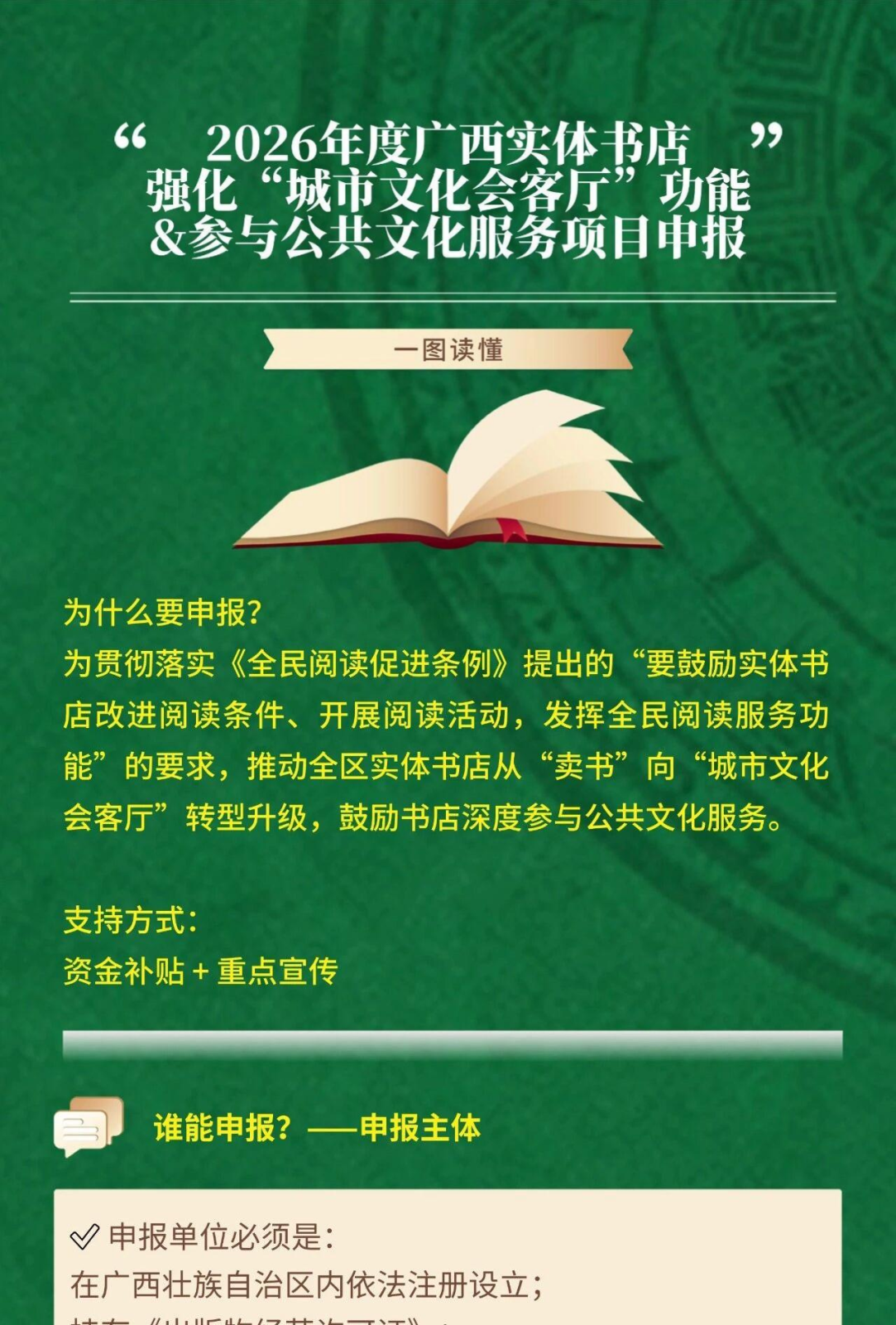 一图读懂 2026年实体书店强化“城市文化会客厅”功能和参与公共文化服务项目申报开始啦！补贴这样领→